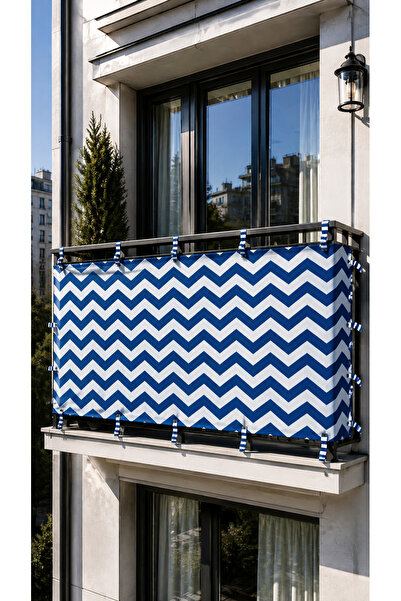 SHY TEKSTİL Perdea de balcon cu model în zig-zag, albastru-alb, cu 4 laturi ș...