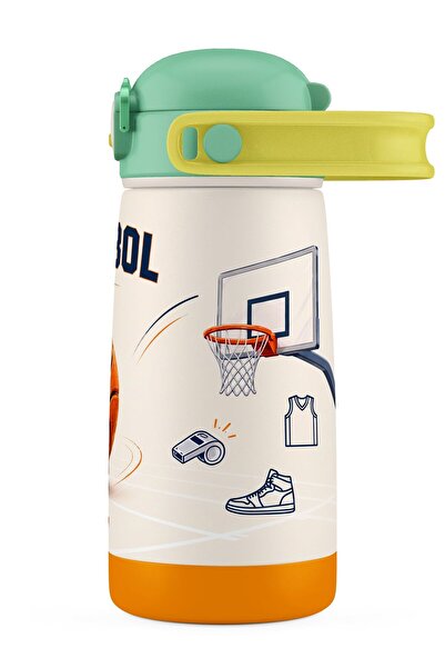 Puccon 420 ml Green Brown Basketball Printed Steel Water Bottle with Straw for Boys - 60027