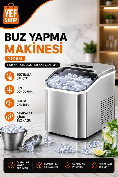 YEF SHOP Buz Yapma Makinesi – Hızlı Buz Üretimi, Tek Tuşla Kullanım, Sessiz v...