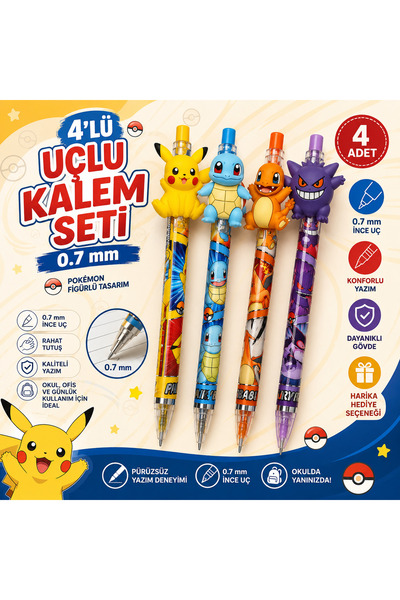 By MO Accessories 4’lü 0.7 mm Uçlu Kalem Seti – Figürlü Mekanik Kalem, Renkli Tasarım Okul Kırtasiye Seti ✏️✨