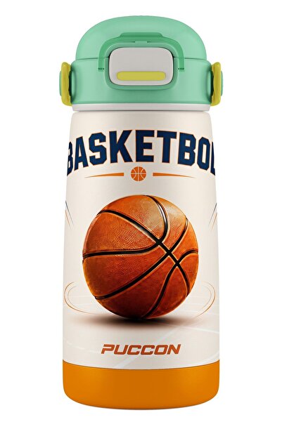 Puccon 420 ml Green Brown Basketball Printed Steel Water Bottle with Straw fo...