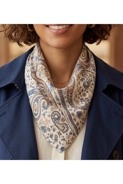 JZ MODA Women's Shawl Patterned Chiffon Scarf - Blue Tan Authentic Paisley Mo...