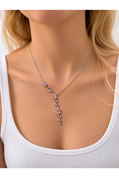 Lilith Takı Pink Stone Y Necklace Silver Color Branch Detailed Elegant Stylis...