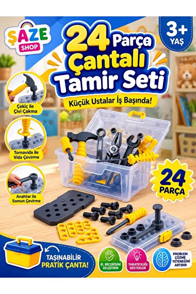 SAZE Şaze Shop 24 Parça Çantalı Oyuncak Tamir Seti – Çekiç Tornavida Anahtar ...
