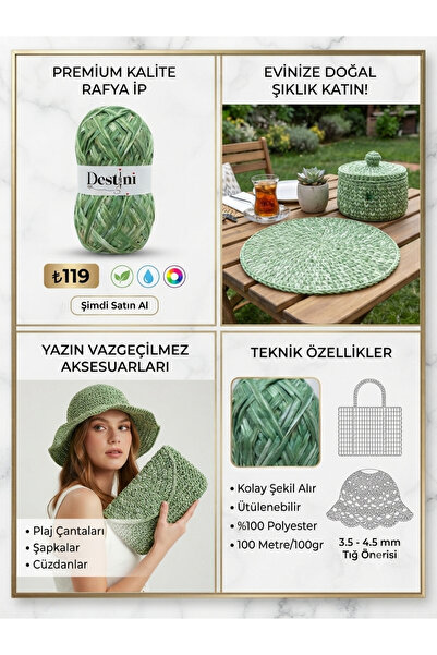 destini Soft Rafya ip, Polyester Rafya ip Bodrum Rafya, Hobi ipi 100gr 100 mt