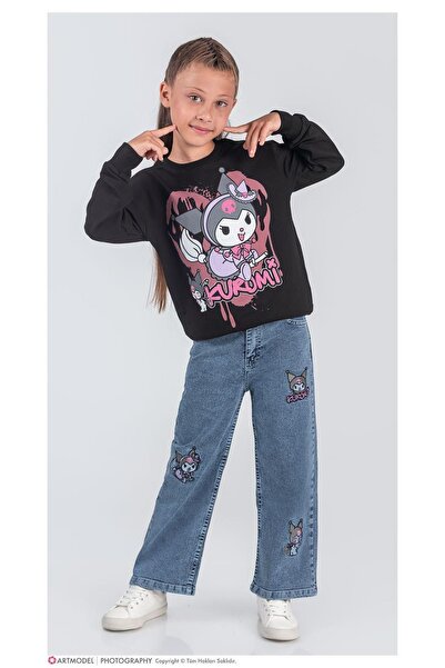LUFFY KİDS Girl's Character Patterned Sweatshirt - Jean Pants 2-Piece Set - 2039