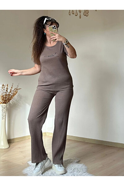 AZRA BUTİK Pre-Written Camisole Set Brown