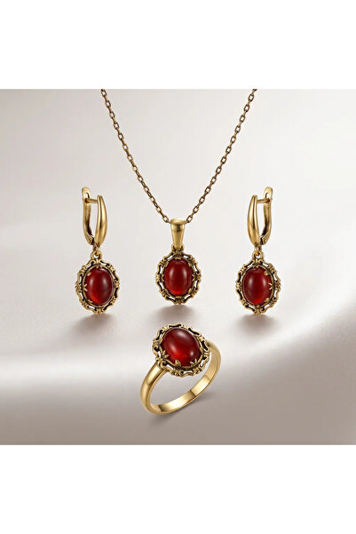 Dorvina Bronze Women's Copper Women's Jewelry Set Burgundy Agate Stone Vintag...
