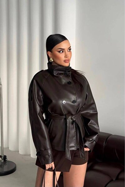 gm giyimarket Noul sezon guler ridicat Trench scurt piele