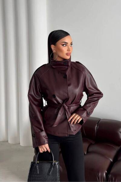 gm giyimarket New Season Mock Neck Short Leather Trench Coat