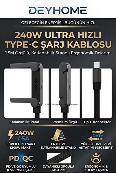 240W 5A PD Hızlı Şarjlı Tip C USB Kablosu, Katlanabilir Telefon Tutucu ile 1.5m Naylon Örgülü USB-C - USB-C Kablo