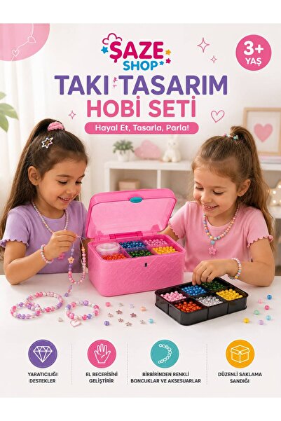 SAZE Şaze Shop Takı Tasarım Hobi Seti Pembe Saklama Sandıklı Boncuk ve Aksesu...