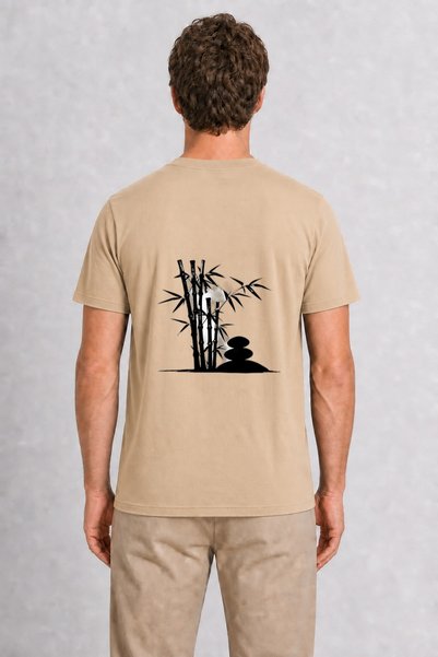 WAKHA Men's Japanese Zen Bamboo Design Back Print - Cream