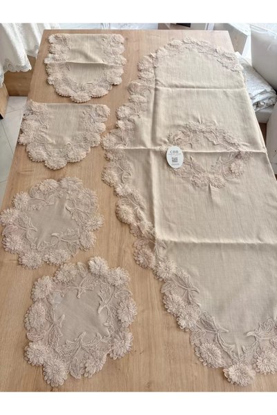 Ceki Home Salon Takımı Çeyizlik Kapiçino Runner Set 5 Parça Keten Masa Örtüsü Runneri Flowers