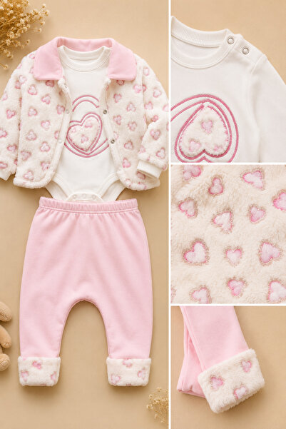 MYZİ STORE Kiz Baby Girl Patterned 3-Piece Set Jacket, Snap Fastener Bodysuit...