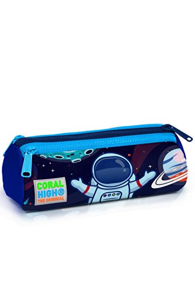 Coral High Kids Saks Blue Astronaut Patterned Three-Compartment Pencil Bag