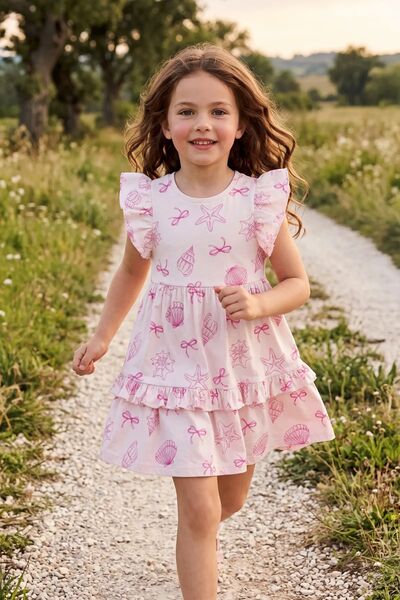 ZUZUNGA Seashell Patterned Ruffle Sleeve Pink Girls' Dress