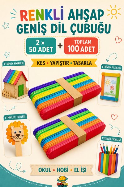 neptünstore Renkli 100 Adet Dil Çubuğu Ahşap Büyük Geniş Abeslang Dondurma Di...