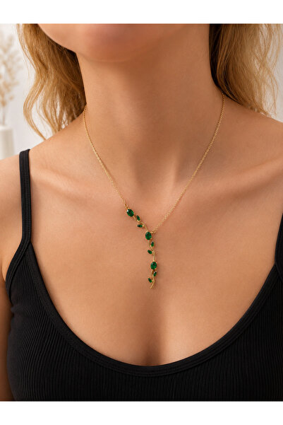 Lilith Takı Emerald Green Stone Y Necklace Gold Color Branch Detailed Stylish...