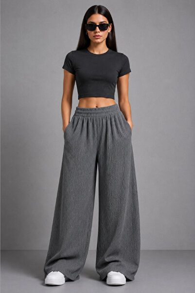 beeton Women's Dark Gray Wrinkled Fabric High Waist Elastic Wide Leg Palazzo ...