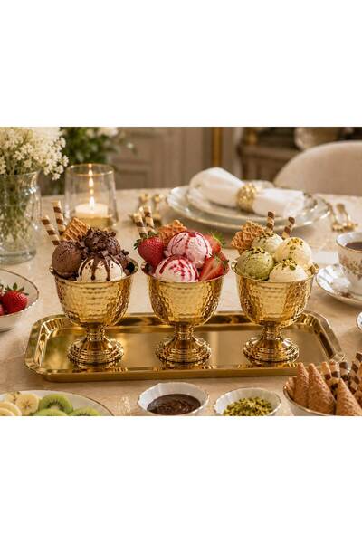 PARLADECOR PASLANMAZ ÇELİK GOLD DİKDÖRTGEN TEPSİ &3LÜ DARBELİ AYAKLI SUNUM SE...