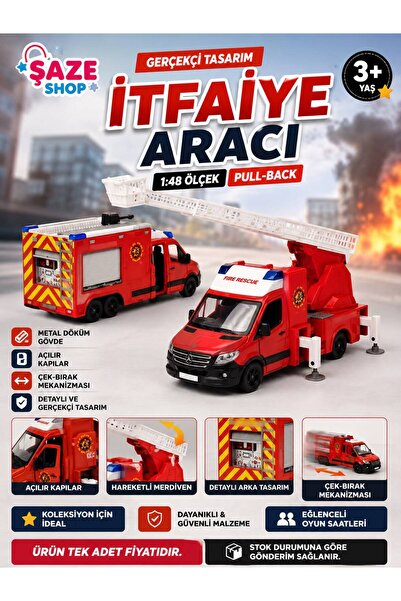 SAZE Şaze Shop 1:48 Die Cast Metal İtfaiye Aracı 13 cm Çek Bırak Açılır Kapıl...