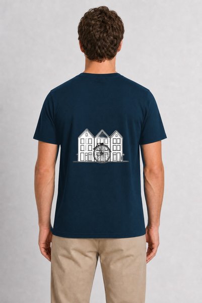WAKHA Men's Amsterdam Houses and Bicycles Minimal Drawing Back Print - Navy Blue