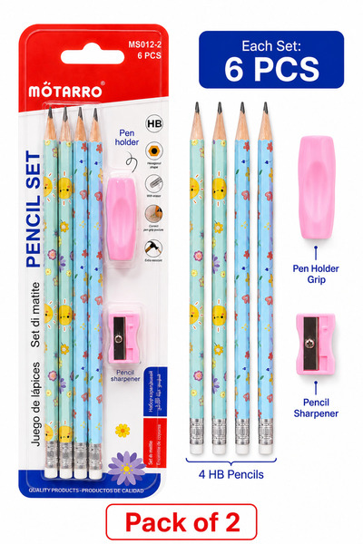 Matarro MOTARRO HB Pencil Set with Eraser, Pencil Grip & Sharpener – Cute Floral School Pencils – 6 Pieces per Set, Pack of 2