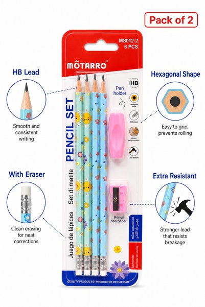 Matarro MOTARRO HB Pencil Set with Eraser, Pencil Grip & Sharpener – Cute Floral School Pencils – 6 Pieces per Set, Pack of 2