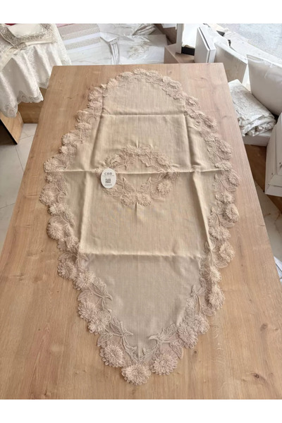 Ceki Home Salon Takımı Çeyizlik Kapiçino Runner Set 5 Parça Keten Masa Örtüsü Runneri Flowers