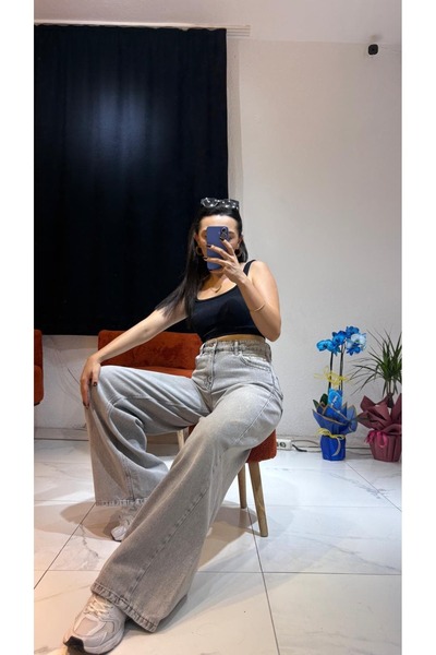 Genel Markalar Açık Gri Yüksek Bel Wide Leg Baggy Jean