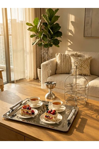 Generic Brand Elegant and Modern Design Silver Serving Tray and Cup Holder In...