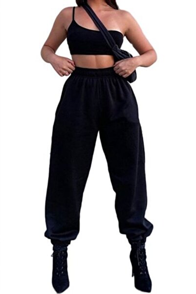 EYAX MODA Black Waist Cuff Elastic Economical Soft Women's Sweatpants