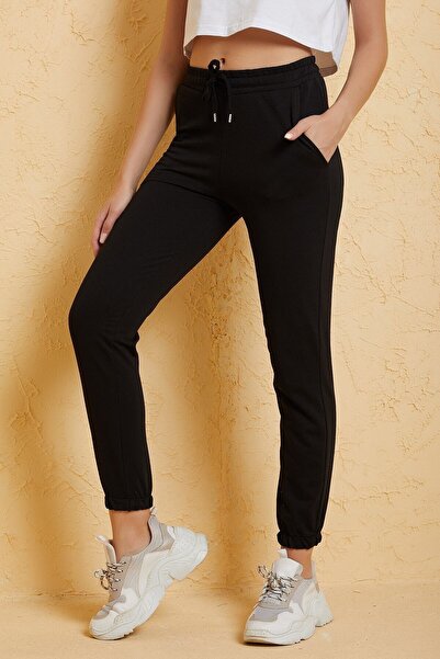 EYAX MODA Women's Black Lace-Up Pocket Sweatpants