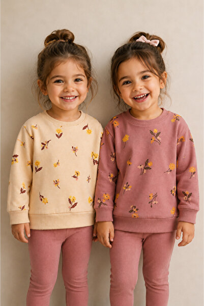 BENBİLGE Girls' 2-Piece Sweatshirt Set Thin Raised Floral Pattern Crew Neck L...