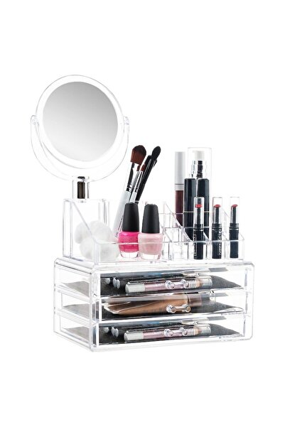 Teno ® Cosmetic and Jewelry Organizer Box, 3 Drawers, Mirror, Transparent, 24...