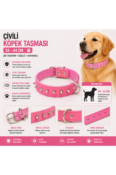 Doglife Dog Life Çivili Köpek Boyun Tasması 34-44 cm Ayarlanabilir Metal Toka...