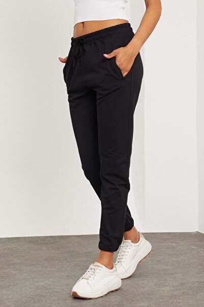 EYAX MODA Women's Black Jersey Ribbed Sweatpants