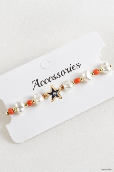 ZERO LAND Zngzrmll Starfish Beads Pearl Macrame Rope (13753) Bracelet Orange