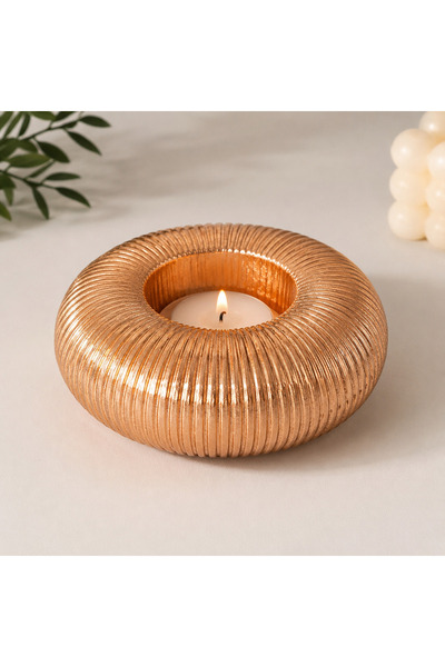 Rose Gold Dekoratif Tealight Mumluk – Yuvarlak Çizgili Modern Masaüstü Mumluk