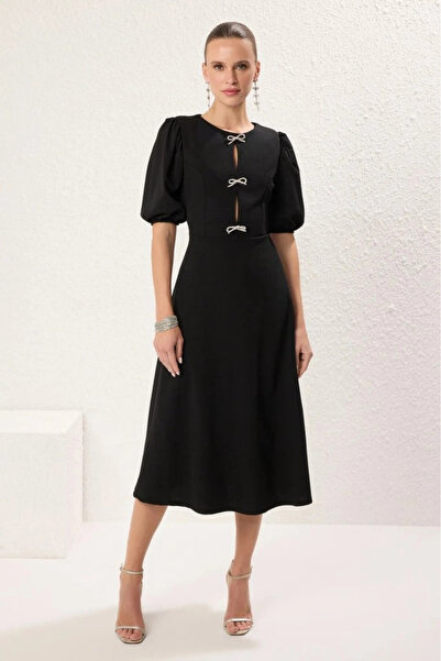 Beruflic Women's short sleeve drop bow detailed imported crepe midi dress
