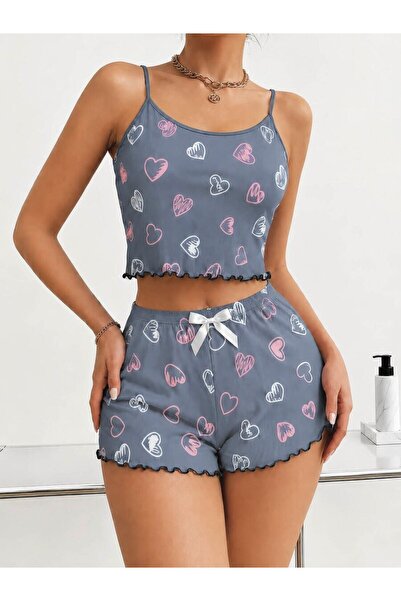 Mariposa Secret Women's Gray Heart Patterned Lace Strap Shorts Pajama Set 5265