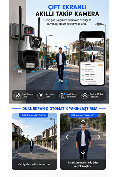 ULTRATEKNO IC-D9 8MP Çift Lens PTZ WiFi IP Güvenlik Kamerası iCSee İnsan Takipli Renkli Gece Görüşlü Sesli Alarmlı