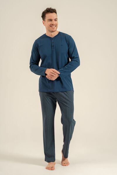 Arnetta Men's Long Sleeve Buttoned Collar Dark Indigo Pajama Set (with Socks ...