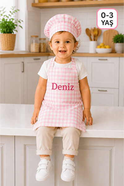 redbuttonkidsstore Kişiye Özel İsimli Kareli Çocuk Mutfak Önlüğü ve Şapka Set...