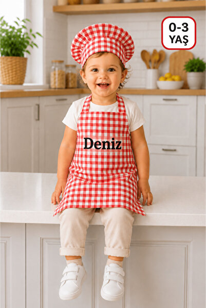 redbuttonkidsstore Kişiye Özel İsimli Kareli Çocuk Mutfak Önlüğü ve Şapka Set...