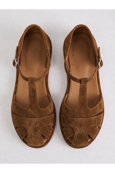 a ayak&kabım official Lina Genuine Leather Tobacco Suede Handmade Buckle Comfortable Wide Fit Women's Sandals