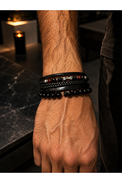 Generic Brand Set of 2 Men's Bracelets with Black Beads and Dumbbell Detail, ...