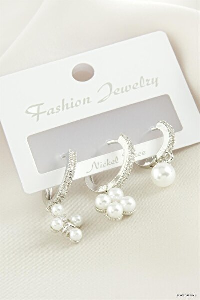 ZERO LAND Zngzrmll 3Pcs Flower Pearl Zircon Cubic Zirconia Earrings (31415) S...