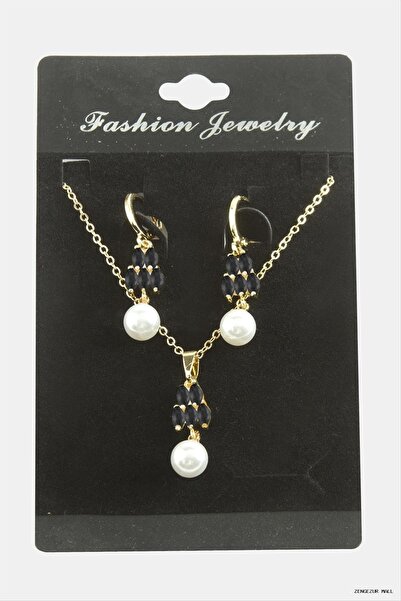 ZERO LAND Zngzrmll Heart Pearl Zircon Stone Set (32101) Necklace Black
